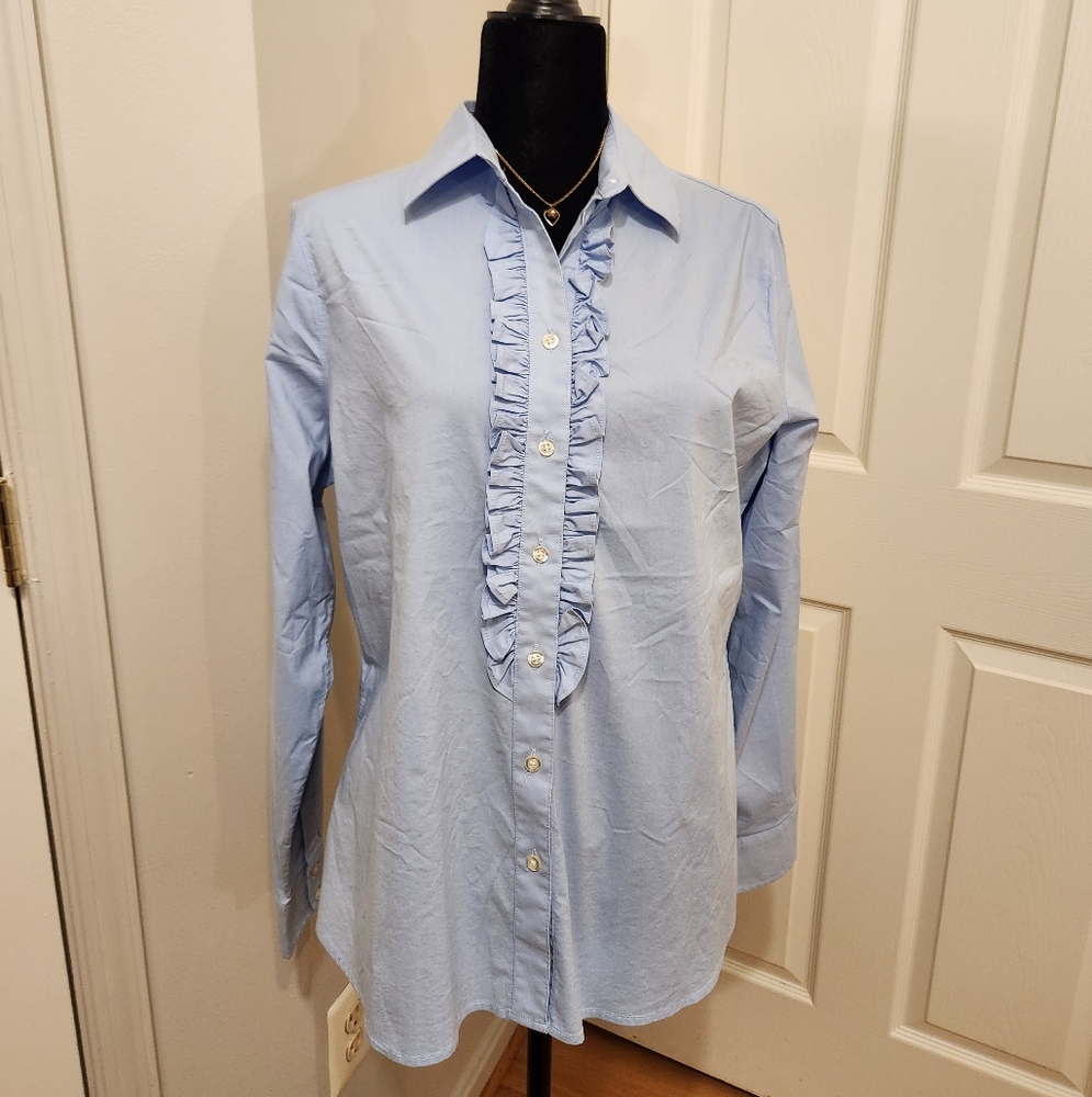 Lands' End Blue Baumwolle Shirt with Ruffles